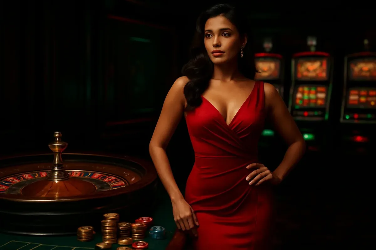 Beautiful woman in red dress standing near roulette and slot machines in luxury Bangladesh casino with neon accents and gold coins