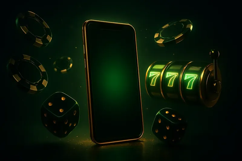 Glowing smartphone with casino chips, slot reels, and dice on dark festive background
